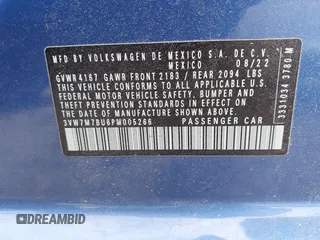 2023 Volkswagen Jetta SE with VIN 3VW7M7BU6PM005266, listed as a IAAI auction lot 41942552 with 49,379 mi miles and . Bid and sale history available at DreamBid. Image 9.