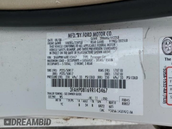 2009 Ford Fusion SEL with VIN 3FAHP08169R143467, listed as a Copart auction lot 48503425 with 68,248 mi miles and Salvage Title. Bid and sale history available at DreamBid. Image 12.