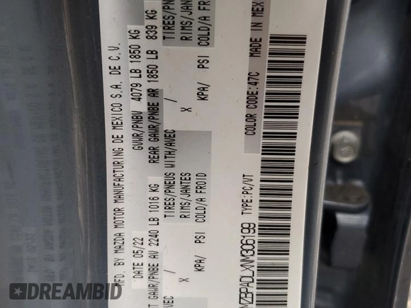 2022 Mazda 3 Premium with VIN 3MZBPADLXNM306199, listed as a Copart auction lot 77423574 with Not Provided miles and Non Repairable. Bid and sale history available at DreamBid. Image 12.