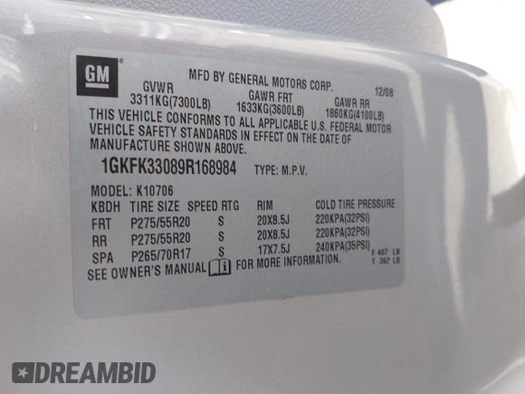 2009 GMC Yukon SLT 4SB with VIN 1GKFK33089R168984, listed as a IAAI auction lot 41863772 with 316,967 mi miles and . Bid and sale history available at DreamBid. Image 9.