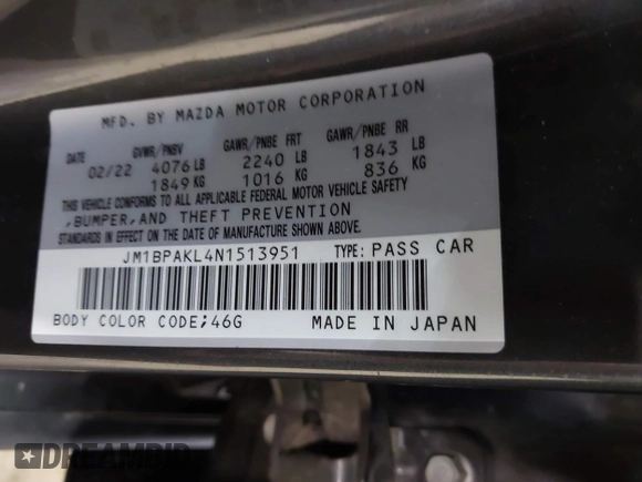 2022 Mazda 3 Select with VIN JM1BPAKL4N1513951, listed as a IAAI auction lot 41961462 with 32,603 mi miles and . Bid and sale history available at DreamBid. Image 9.