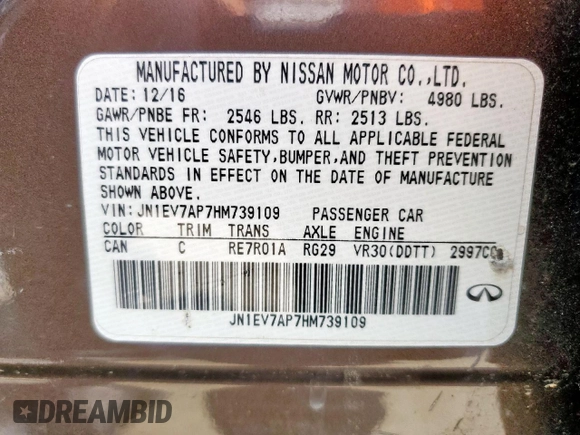 2017 Infiniti Q50 Premium with VIN JN1EV7AP7HM739109, listed as a Copart auction lot 59204345 with 62,480 mi miles and Salvage title. Bid and sale history available at DreamBid. Image 12.