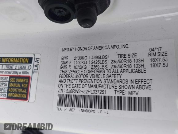 2017 Honda CR-V EX with VIN 5J6RW2H52HL037251, listed as a IAAI auction lot 41726170 with 68,982 mi miles. Bid and sale history available at carsss.com. Image 9.