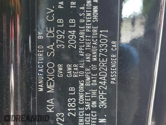 2024 Kia Forte LXS with VIN 3KPF24AD2RE733071, listed as a Copart auction lot 42955135 with 12,134 mi miles and Salvage Title. Bid and sale history available at carsss.com. Image 12.