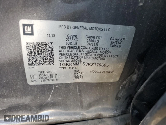 2019 GMC Acadia SLT z VIN 1GKKNMLS3KZ179605, wystawiony jako Copart lot #56343095 z przebiegiem 121 329 mil mil oraz Szkoda całkowita • Salvage title. Historia ofert i sprzedaży dostępna na DreamBid. Obrazek 13.