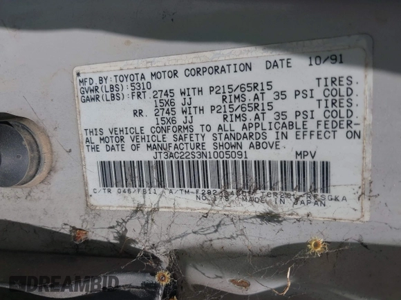 1992 Toyota Previa z VIN JT3AC22S3N1005091, wystawiony jako IAAI lot #42203692 z przebiegiem 276 488 mil mil oraz . Historia ofert i sprzedaży dostępna na DreamBid. Obrazek 9.