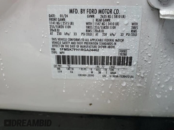 2024 Ford Explorer Limited with VIN 1FMSK7FH1RGA24462, listed as a Copart auction lot 49630855 with 13,995 mi miles and Non Repairable. Bid and sale history available at carsss.com. Image 14.