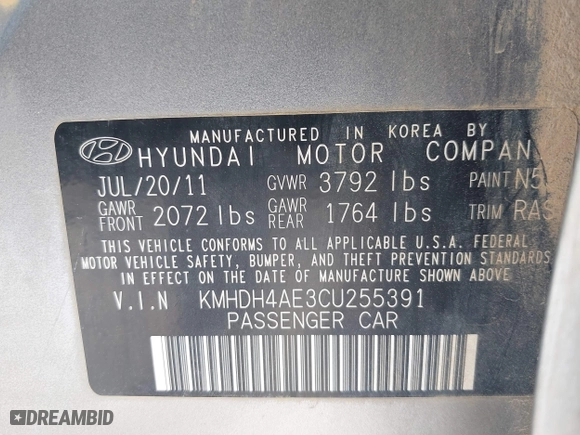 2012 Hyundai Elantra GLS with VIN KMHDH4AE3CU255391, listed as a IAAI auction lot 41833631 with 190,610 mi miles. Bid and sale history available at carsss.com. Image 9.