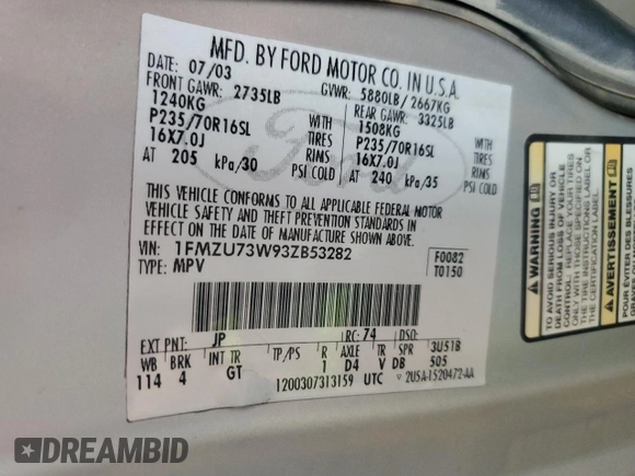2003 Ford Explorer XLT with VIN 1FMZU73W93ZB53282, listed as a Copart auction lot 81364904 with 134,113 mi miles and Salvage title. Bid and sale history available at DreamBid. Image 13.