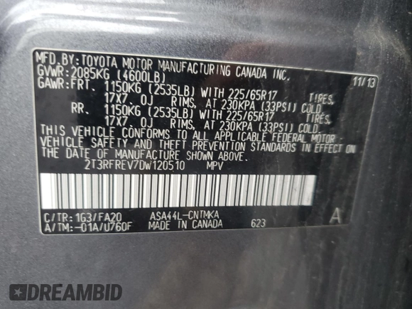 2013 Toyota RAV4 XLE with VIN 2T3RFREV7DW120510, listed as a Copart auction lot 61197695 with 107,647 mi miles and Salvage title. Bid and sale history available at DreamBid. Image 13.