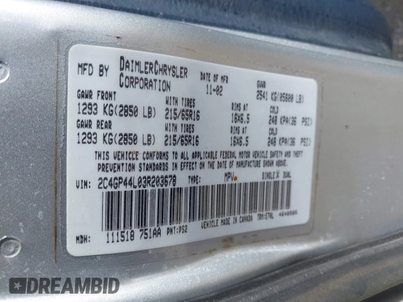 2003 Chrysler Town & Country LX with VIN 2C4GP44L03R203678, listed as a IAAI auction lot 41293296 with 210,827 mi miles and . Bid and sale history available at DreamBid. Image 9.