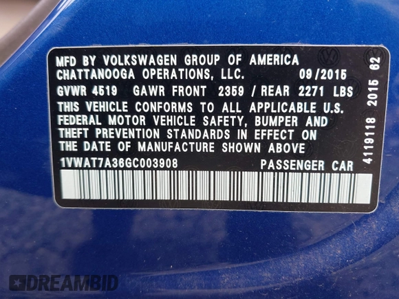 2016 Volkswagen Passat 1.8T S with VIN 1VWAT7A36GC003908, listed as a IAAI auction lot 42071997 with 94,970 mi miles. Bid and sale history available at carsss.com. Image 9.