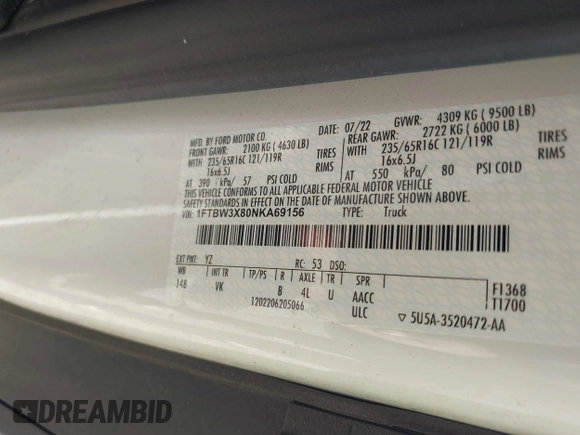 2022 Ford Transit Cargo with VIN 1FTBW3X80NKA69156, listed as a IAAI auction lot 42059236 with 100,096 mi miles and . Bid and sale history available at DreamBid. Image 9.