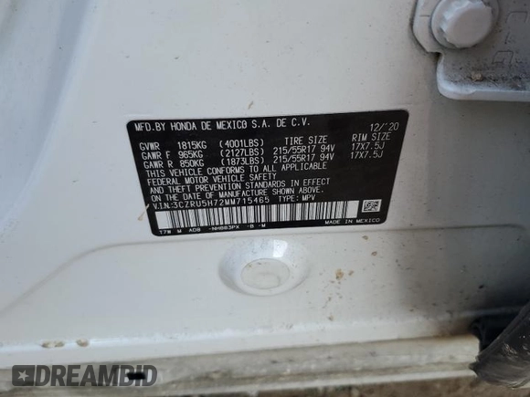 2021 Honda HR-V EX-L with VIN 3CZRU5H72MM715465, listed as a Copart auction lot 47024375 with 0 mi miles and Non Repairable. Bid and sale history available at carsss.com. Image 14.