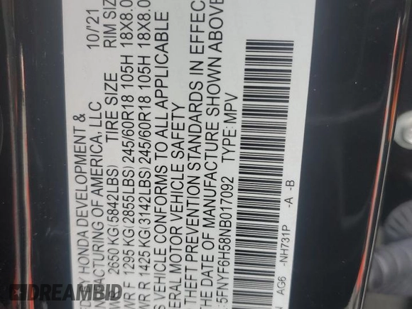 2022 Honda Pilot EX-L with VIN 5FNYF6H58NB017092, listed as a Copart auction lot 42502075 with 47,941 mi miles and Salvage Title. Bid and sale history available at carsss.com. Image 15.
