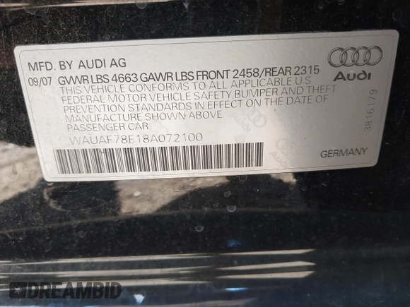 2008 Audi A4 2.0T with VIN WAUAF78E18A072100, listed as a IAAI auction lot 41414190 with 129,408 mi miles. Bid and sale history available at carsss.com. Image 9.