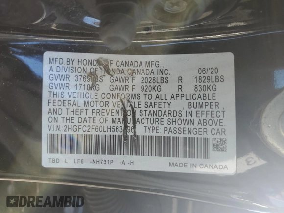 2020 Honda Civic LX with VIN 2HGFC2F60LH563396, listed as a Copart auction lot 49329935 with Not Provided miles and Salvage Title. Bid and sale history available at DreamBid. Image 14.