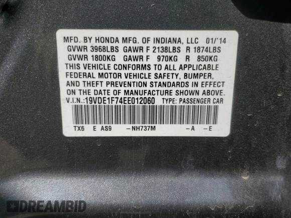 2014 Acura ILX Technology with VIN 19VDE1F74EE012060, listed as a Copart auction lot 61413215 with Not provided miles and Non repairable. Bid and sale history available at DreamBid. Image 13.
