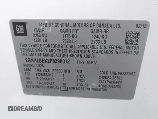2015 Chevrolet Equinox LT with VIN 2GNALBEK2F6298012, listed as a IAAI auction lot 41960936 with 105,617 mi miles. Bid and sale history available at carsss.com. Image 9.