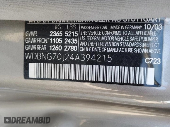 2004 Mercedes-Benz S-Class 4.3L with VIN WDBNG70J24A394215, listed as a Copart auction lot 67526124 with 0 mi miles and Clean Title. Bid and sale history available at carsss.com. Image 12.
