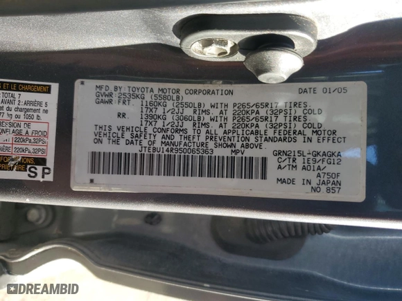 2005 Toyota 4Runner SR5 with VIN JTEBU14R950065363, listed as a Copart auction lot 42246415 with 188,595 mi miles and Clean Title. Bid and sale history available at carsss.com. Image 13.