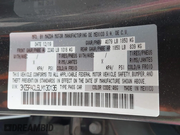 2020 Mazda 3 Select with VIN 3MZBPACL6LM130136, listed as a IAAI auction lot 42279576 with 46,027 mi miles and . Bid and sale history available at DreamBid. Image 9.