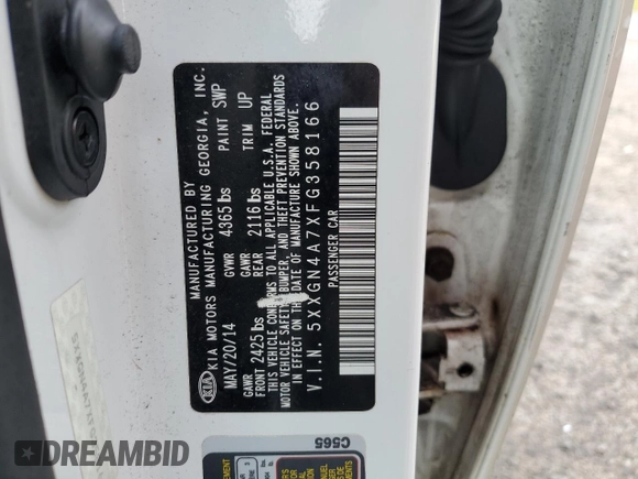 2015 Kia Optima EX z VIN 5XXGN4A7XFG358166, wystawiony jako Copart lot #51613105 z przebiegiem 129 135 mil mil oraz Szkoda całkowita • Salvage title. Historia ofert i sprzedaży dostępna na DreamBid. Obrazek 14.