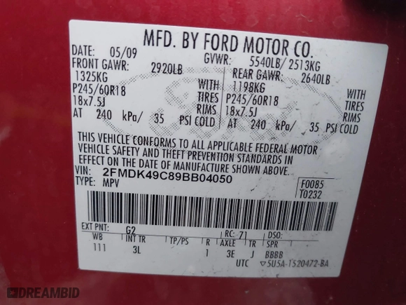 2009 Ford Edge Limited with VIN 2FMDK49C89BB04050, listed as a IAAI auction lot 41785246 with 1 mi miles. Bid and sale history available at carsss.com. Image 9.