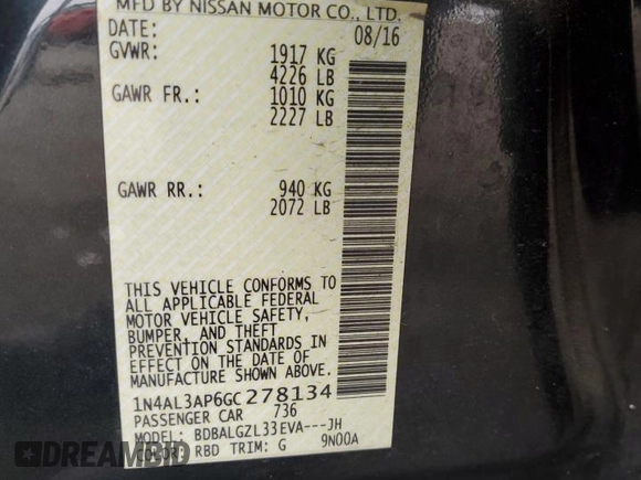 2016 Nissan Altima S with VIN 1N4AL3AP6GC278134, listed as a Copart auction lot 58413155 with 39,459 mi miles and Salvage title. Bid and sale history available at DreamBid. Image 12.