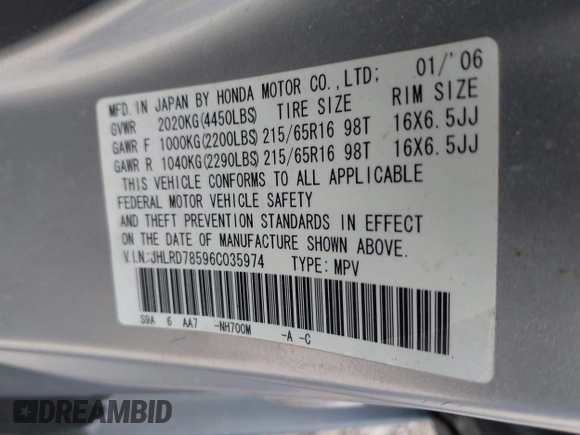 2006 Honda CR-V LX with VIN JHLRD78596C035974, listed as a IAAI auction lot 42119043 with 259,936 mi miles and . Bid and sale history available at carsss.com. Image 9.