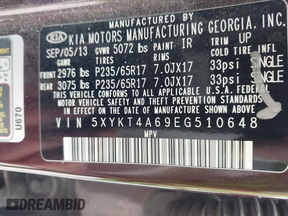 2014 Kia Sorento LX z VIN 5XYKT4A69EG510648, wystawiony jako IAAI lot #42361155 z przebiegiem 254 560 mil mil oraz . Historia ofert i sprzedaży dostępna na DreamBid. Obrazek 9.