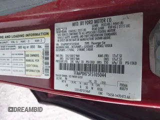 2015 Ford Fusion SE with VIN 1FA6P0H75F5105044, listed as a IAAI auction lot 41851206 with 307,691 mi miles and . Bid and sale history available at DreamBid. Image 9.