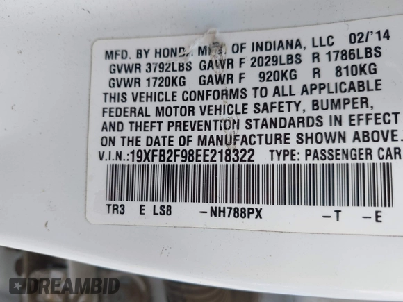 2014 Honda Civic EX-L with VIN 19XFB2F98EE218322, listed as a IAAI auction lot 42038569 with 250,075 mi miles and . Bid and sale history available at DreamBid. Image 9.