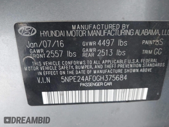 2016 Hyundai Sonata SE with VIN 5NPE24AF0GH375684, listed as a IAAI auction lot 42008639 with 172,199 mi miles and . Bid and sale history available at carsss.com. Image 9.