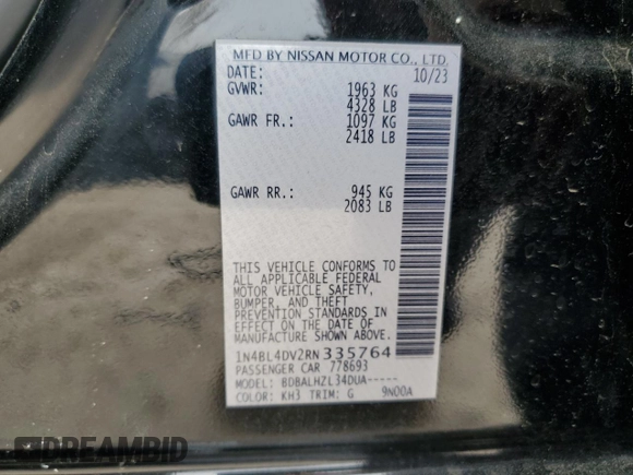 2024 Nissan Altima SV with VIN 1N4BL4DV2RN335764, listed as a Copart auction lot 50700695 with 26,438 mi miles and Salvage Title. Bid and sale history available at DreamBid. Image 13.