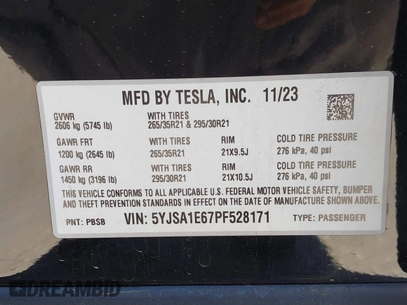 2023 Tesla Model S Plaid with VIN 5YJSA1E67PF528171, listed as a IAAI auction lot 41831086 with Not provided miles and . Bid and sale history available at DreamBid. Image 9.