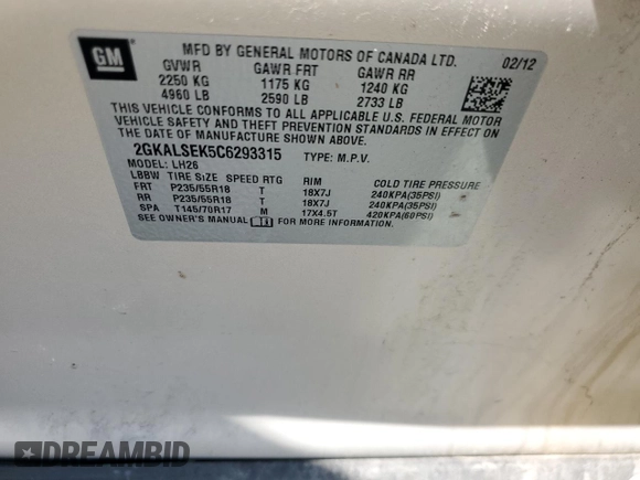 2012 GMC Terrain SLE-2 with VIN 2GKALSEK5C6293315, listed as a Copart auction lot 61969725 with 100,089 mi miles and Clean title. Bid and sale history available at DreamBid. Image 13.