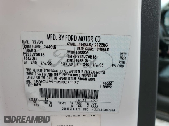 2005 Ford Escape Hybrid with VIN 1FMCU95H95KC74177, listed as a Copart auction lot 77361724 with 195,199 mi miles and Salvage title. Bid and sale history available at DreamBid. Image 12.