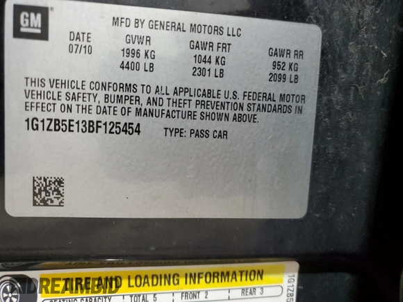 2011 Chevrolet Malibu 1LS with VIN 1G1ZB5E13BF125454, listed as a Copart auction lot 54238985 with 120,607 mi miles and Salvage Title. Bid and sale history available at DreamBid. Image 12.