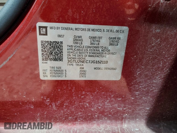 2018 GMC Sierra 1500 SLT z VIN 3GTU2NEC7JG152110, wystawiony jako Copart lot #52478995 z przebiegiem 93 992 mil mil oraz Szkoda całkowita • Salvage title. Historia ofert i sprzedaży dostępna na DreamBid. Obrazek 15.
