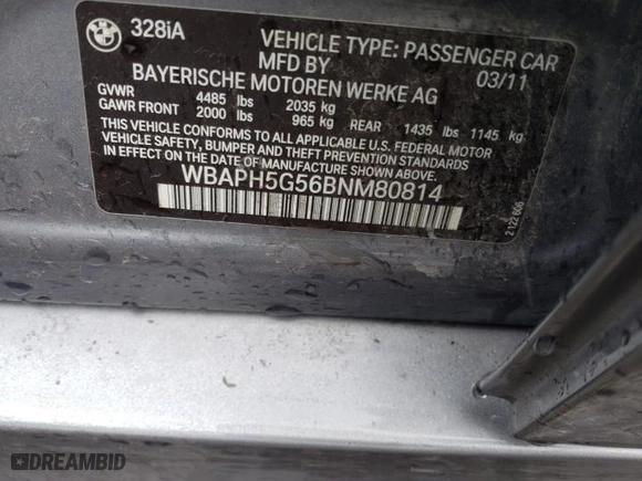 2011 BMW 3 Series 328i with VIN WBAPH5G56BNM80814, listed as a Copart auction lot 49281235 with 0 mi miles and Salvage Title. Bid and sale history available at carsss.com. Image 12.