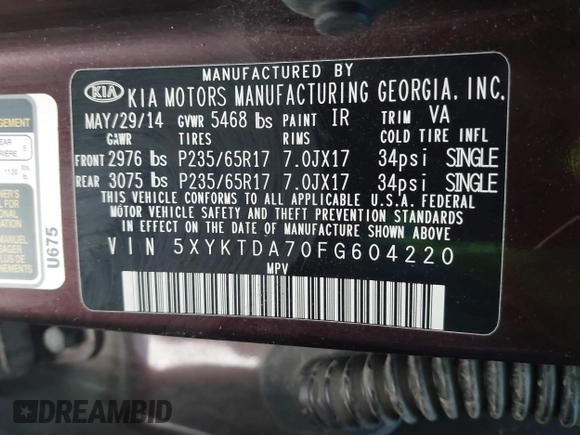 2015 Kia Sorento LX with VIN 5XYKTDA70FG604220, listed as a IAAI auction lot 42060598 with 128,180 mi miles and . Bid and sale history available at DreamBid. Image 9.