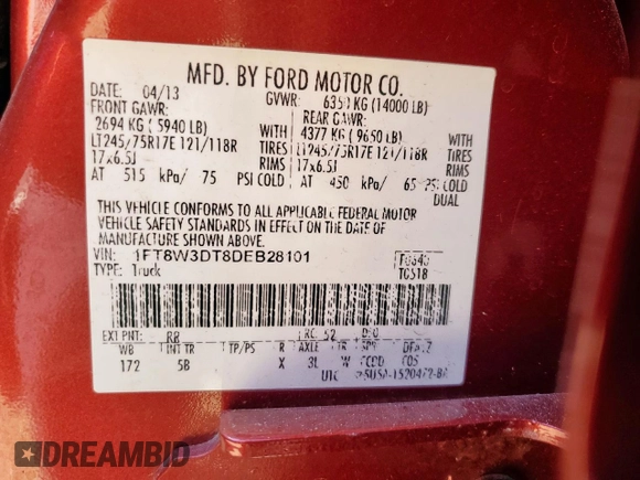 2013 Ford F-350 XL with VIN 1FT8W3DT8DEB28101, listed as a Copart auction lot 47640345 with Not provided miles and Non repairable. Bid and sale history available at DreamBid. Image 12.