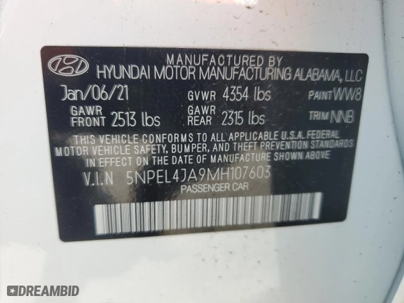 2021 Hyundai Sonata SEL with VIN 5NPEL4JA9MH107603, listed as a Copart auction lot 51212815 with 38,508 mi miles and Salvage Title. Bid and sale history available at carsss.com. Image 12.