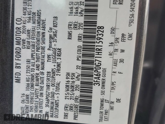 2017 Ford Fusion S with VIN 3FA6P0G71HR159328, listed as a Copart auction lot 51600035 with 97,904 mi miles and Salvage Title. Bid and sale history available at DreamBid. Image 12.