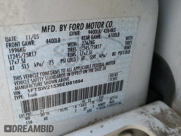 2006 Ford F-250 XL z VIN 1FTSW21536EB81894, wystawiony jako Copart lot #45573005 z przebiegiem 65 722 mil mil oraz Szkoda całkowita • Salvage title. Historia ofert i sprzedaży dostępna na DreamBid. Obrazek 12.