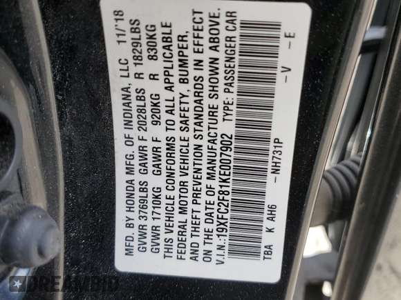 2019 Honda Civic Sport with VIN 19XFC2F81KE007902, listed as a Copart auction lot 44060855 with 69,592 mi miles and Salvage Title. Bid and sale history available at DreamBid. Image 12.