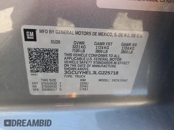 2020 Chevrolet Silverado 1500 High Country with VIN 3GCUYHEL3LG225718, listed as a Copart auction lot 70046254 with 51,594 mi miles and Salvage Title. Bid and sale history available at carsss.com. Image 12.