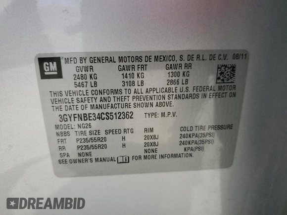 2012 Cadillac SRX Performance Collection z VIN 3GYFNBE34CS512362, wystawiony jako Copart lot #57406495 z przebiegiem 102 226 mil mil oraz Szkoda całkowita • Salvage title. Historia ofert i sprzedaży dostępna na DreamBid. Obrazek 13.