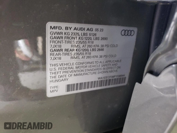 2023 Audi Q3 S line Premium Plus with VIN WA1EECF38P1138944, listed as a Copart auction lot 55373844 with 8,524 mi miles and Salvage title. Bid and sale history available at DreamBid. Image 14.